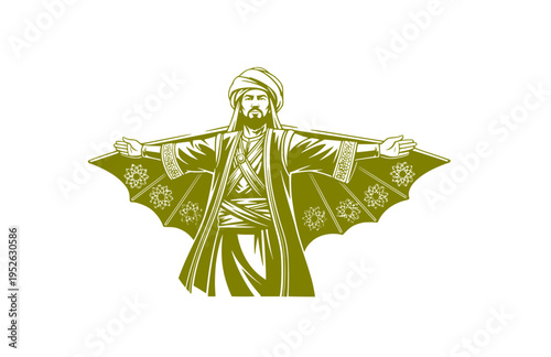 Historical Islamic Inventor and Aviator Silhouette, Early Flight Pioneer Vector Sticker, Golden Age of Engineering Illustration