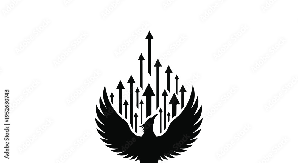 Fototapeta premium Phoenix bird rises above rising arrows symbolizing business growth and success.