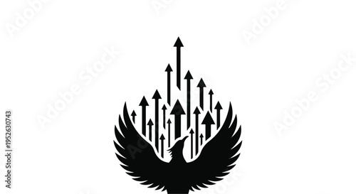 Phoenix bird rises above rising arrows symbolizing business growth and success.