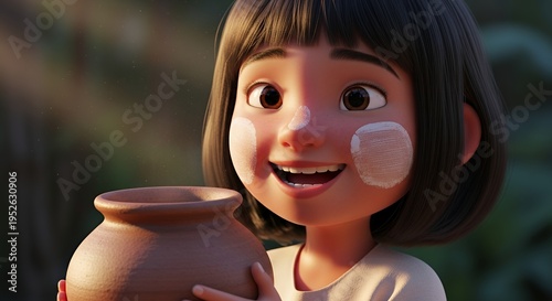 Joyful animated young girl with face paint holding a clay pot in a forest setting