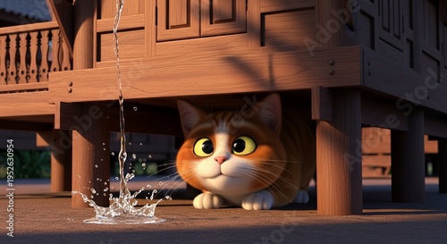 Cute cartoon cat hiding under wooden structure as water splashes nearby