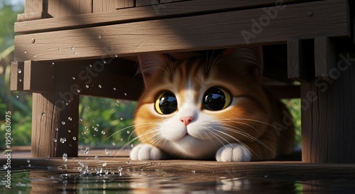 Adorable cartoon ginger cat with huge eyes peeking out from under a wooden structure