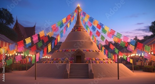 Vibrant festival decorations adorn a sand stupa at dusk with colorful papel picado banners