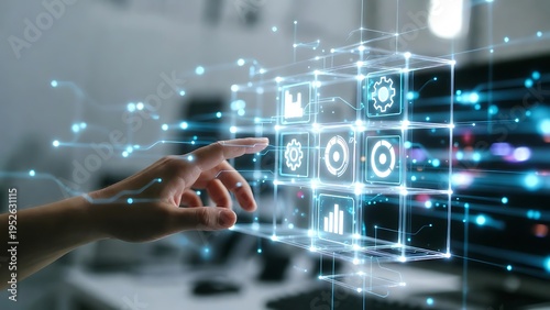 Business professional interacting with an immersive three dimensional holographic user interface cube featuring glowing icons and data flow motion video footage