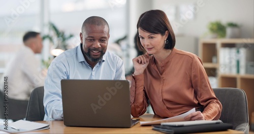 Fotografie Business, people and banker with client on laptop at office for financial support and loan advice