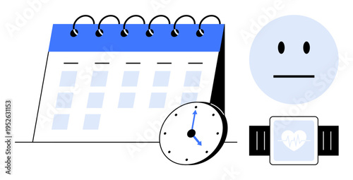 Time management, health monitoring, scheduling, fitness tracking, wellness planning, daily routines. Calendar, clock smartwatch and neutral face icon. Health monitoring and scheduling concept
