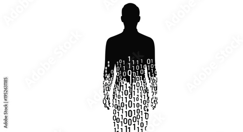 Human silhouette stands composed of binary code representing digital identity.