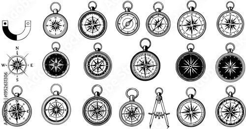 Nautical Navigation: Vintage Compasses  Magnet Vector Collection