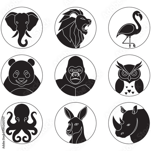 Minimalist Black And White Wild Animal Icons Illustration