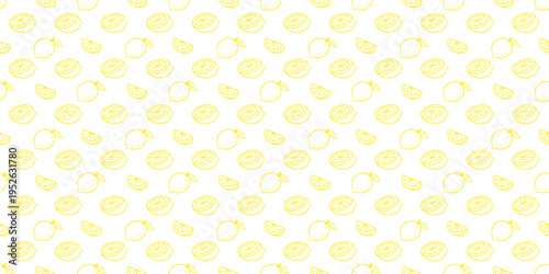 Seamless lemon pattern featuring whole lemons, lemon slices and citrus wedges arranged in a repeating layout