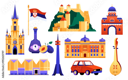 Serbian Culture Symbols - colorful flat design illustration