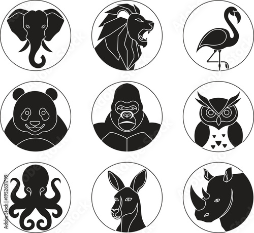 Minimalist Black And White Wild Animal Icons Illustration