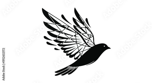 Graphic Silhouette of a Bird in Flight with Textured Geometric Wings, Representing Freedom and Natural Grace