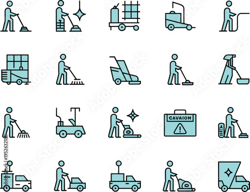 Cleaning maintenance icons with sweeping, mopping, equipment, safety signage design for service instruction illustration