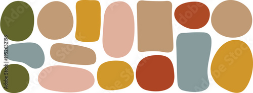 Abstract illustration with colorful geometric shapes, ovals, circles, and rectangles in olive green, mustard yellow, pink, blue, and beige, minimalist design style