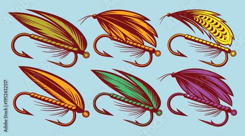 Six colorful fly fishing lures with feathers and hooks for catching fish on light blue background for outdoor and recreational activities