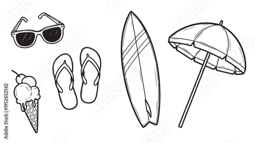 Hand-Drawn Summer Beach Vector Set Featuring Surfboard Sunglasses Umbrella Ice Cream and Flip Flops