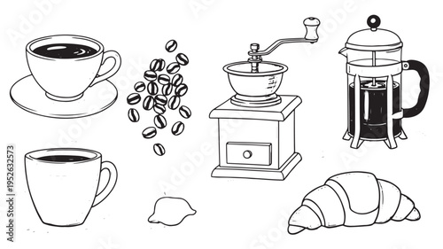 Hand-Drawn Coffee Shop Vector Elements Collection Featuring Grinder French Press Cups and Croissant