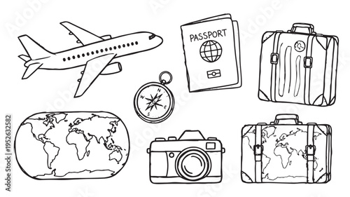 Hand-Drawn Vector Set of Minimalist Travel Icons Including Airplane, Passport, World Map, and Luggage