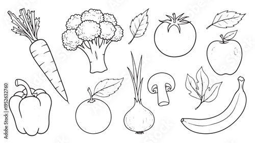 Hand-drawn sketch collection of fresh organic fruit and vegetable icons on white background.