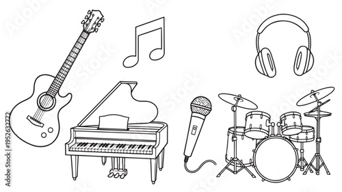 Hand-drawn sketch collection of musical instruments and audio equipment icons on white background. 
