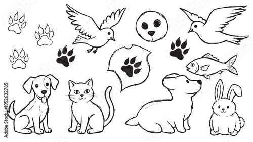 Hand-drawn sketch collection of domestic pets and wildlife animal icons on white background.