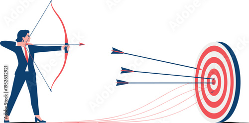 Business target illustration with person aiming bow, arrows hitting bullseye, focus precision goal achievement design for strategy success