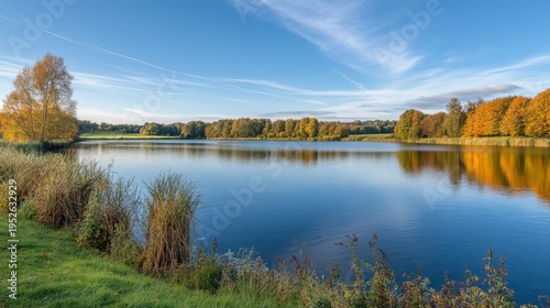 Serene lake with clear blue sky, golden autumn trees, tall grasses along the shore, and calm reflections