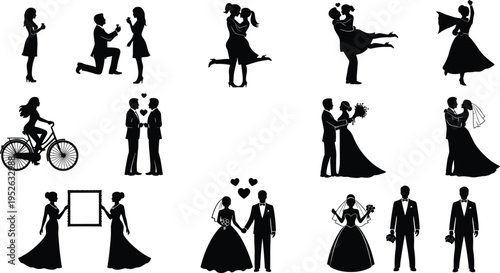 Wedding and Romance Silhouette Collection Featuring Couples Proposing, Dancing, Getting Married, and Celebrating Love with Hearts,
