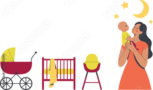 Motherhood and childcare icons with woman holding baby, stroller, crib, high chair, parenting design for family love illustration