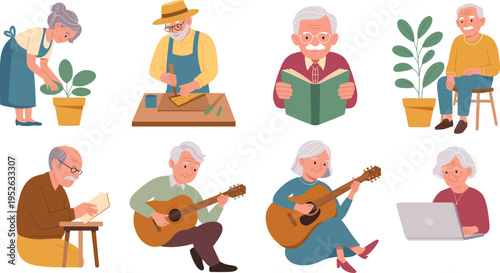 Elderly people hobbies icons with gardening, woodworking, reading, guitar, laptop, creative leisure lifestyle design for senior activity illustration