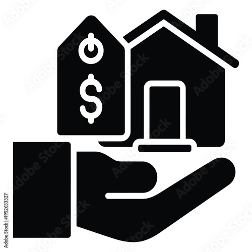 Real estate mortgage icon with hand holding house and price tag featuring dollar and power symbol for smart home investment