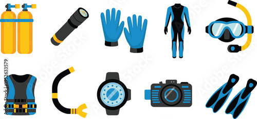 Scuba diving gear set with tanks, wetsuit, fins, mask, snorkel, gloves, underwater camera, essential accessories for ocean exploration safety