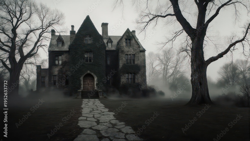 Obraz premium Eerie Mansion in Fog - A Gothic Horror Scene.