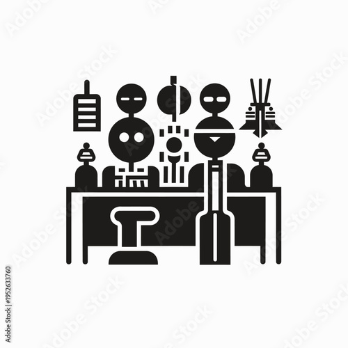 Hotel Reception Desk Icon with Staff and Guest, Information Counter Check-in Service Glyph Pictogram