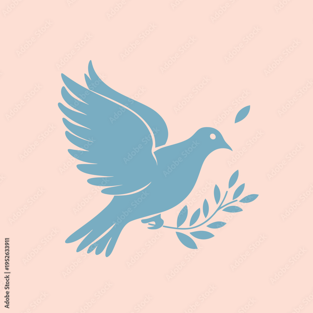 Fototapeta premium Stylized blue dove flying with an olive branch, embodying peace, hope, and freedom. Flat vector icon on light background.