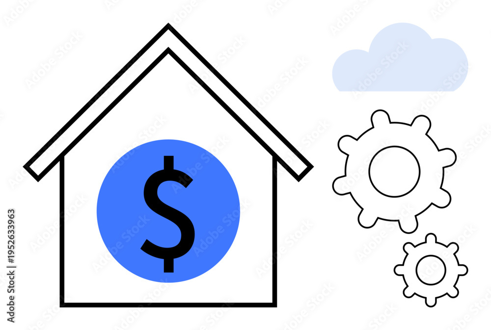 Fototapeta premium Financial planning, smart home technology, cloud computing, automation, efficient systems, savings. A house outline, dollar symbol cloud and gear icons. Financial planning and automation concept