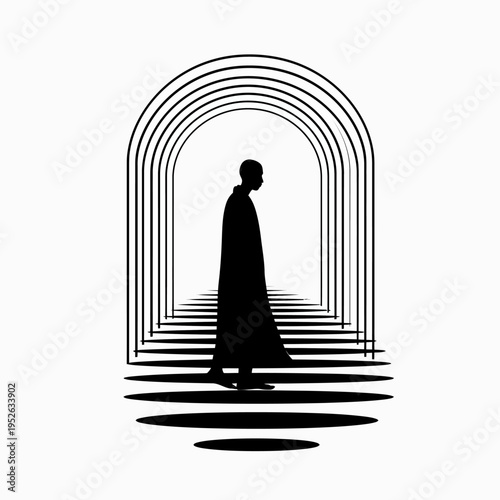 Solitary figure in a robe walking through a receding perspective tunnel of archways, conceptual minimalist design in black and white.