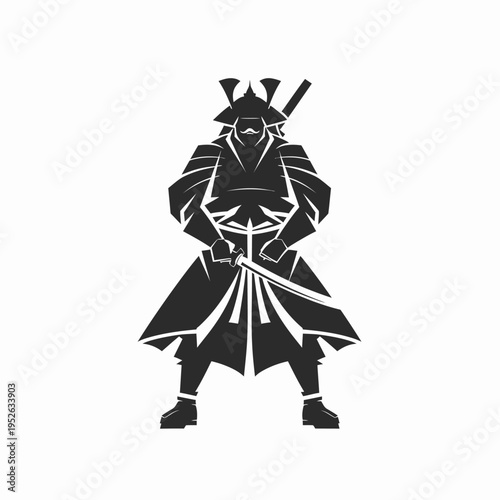 Stylized Japanese Warrior Illustration with Katana Sword, Traditional Armor, Monochrome Vector Graphic, Historical Martial Arts Icon