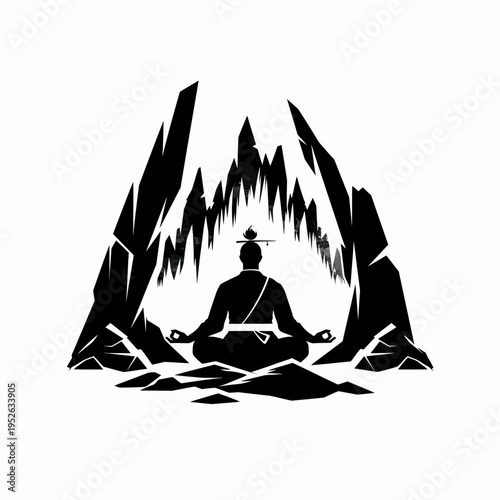Silhouette of a person meditating in a serene cave or rocky grotto, embodying peace, spirituality, mindfulness, and inner strength.