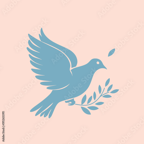 Stylized blue dove flying with an olive branch, embodying peace, hope, and freedom. Flat vector icon on light background.