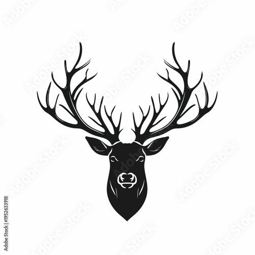 Majestic Deer Head Silhouette Illustration with Large Antlers, Black and White Vector Graphic, Wildlife Art, Hunting Symbol