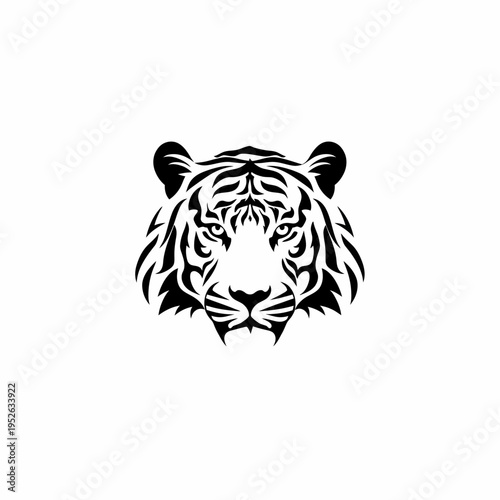Powerful black and white stylized tiger head illustration, fierce predator mascot graphic, jungle cat vector art with intricate stripes.