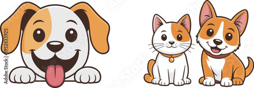 Cartoon dog and cat illustration with playful expressions, cheerful pets sitting together in friendly design for children and family themes