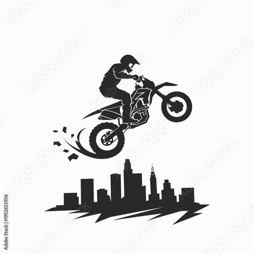 Dynamic dirt bike rider silhouette jumping above an urban city skyline illustration, extreme sport vector graphic.