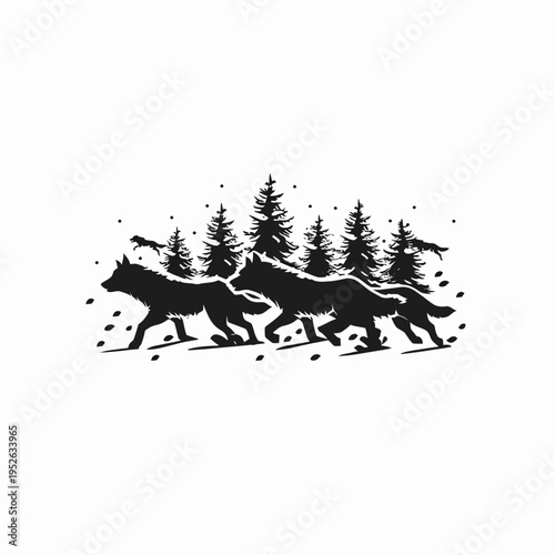 Wolf pack running through a snowy winter forest silhouette. Dynamic wildlife graphic depicting wild canines in their natural habitat.
