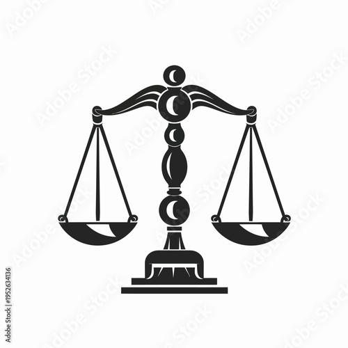 Black and White Scales of Justice Vector Icon. Symbol of Law, Balance, Equality, Fairness, and Legal System Concept