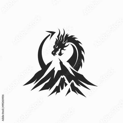 Powerful black dragon icon ascending a sharp mountain range, mythical creature symbol of strength, adventure, and progress.