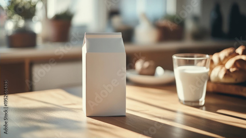 Carton of milk and glass on wooden table in kitchen