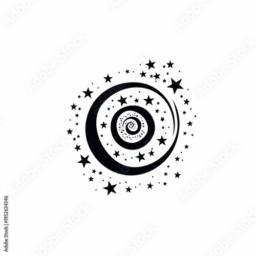 Mystical celestial spiral icon with crescent moons and scattered stars. Magical dream symbol, fantasy vector graphic.
